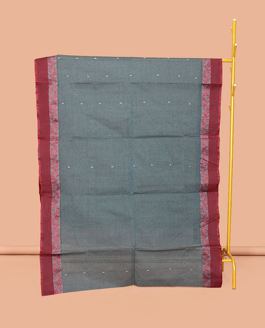 Grey Bengal Cotton Saree, Featuring Buttas, Contrast Floral Creeper Border, a Pallu of Stripes and Buttas, and a Matching Blouse