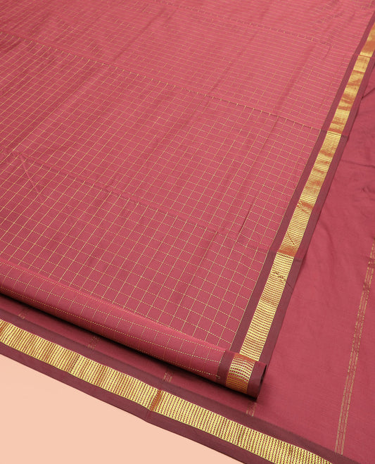Terracotta Ten-Yard Art Silk Saree Embellished with Micro-Checks, Subtly Sparkled with Traditional Zari Border, and Pallu of Zari Stripes