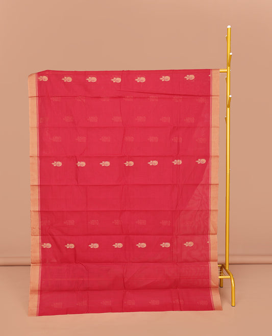 Red Kanchi Cotton Saree, Embellished with Buttas All Over Its Body, Highlighted by a Contrast Border, Pallu of Floral And Diamond Designs, and Paired with a Matching Blouse