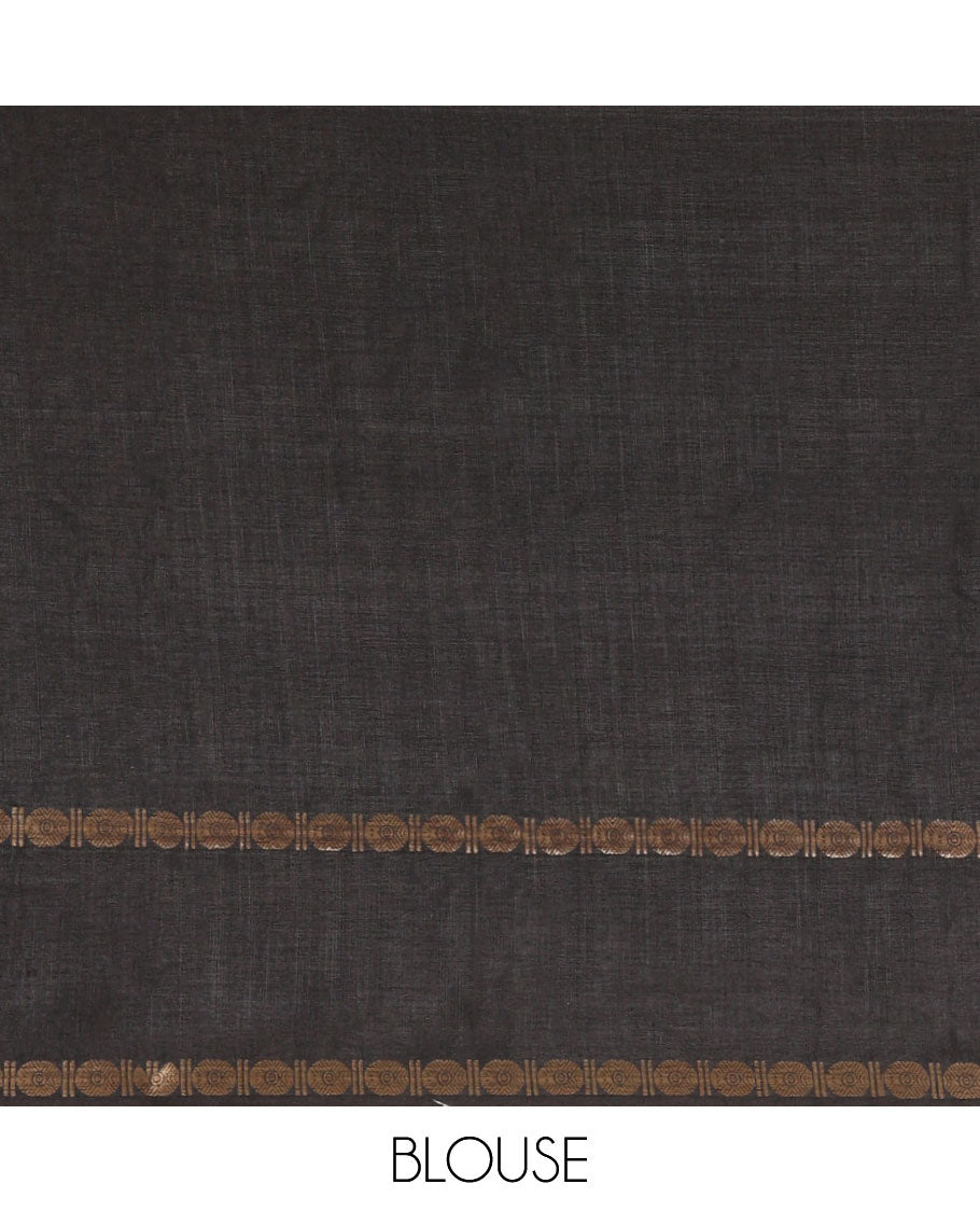 Red Art Tussar Saree, Adorned with Kolam Buttas, a Contrast Rettai Pettu Rudraksham Border, Kolam Pallu, and a Contrast Blouse