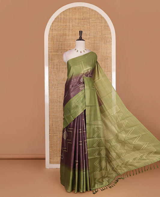 Borderless brown and olive green zari stripes and geometric patterns printed soft tussar saree, geometric printed pallu, and contrast diamond motif printed blouse