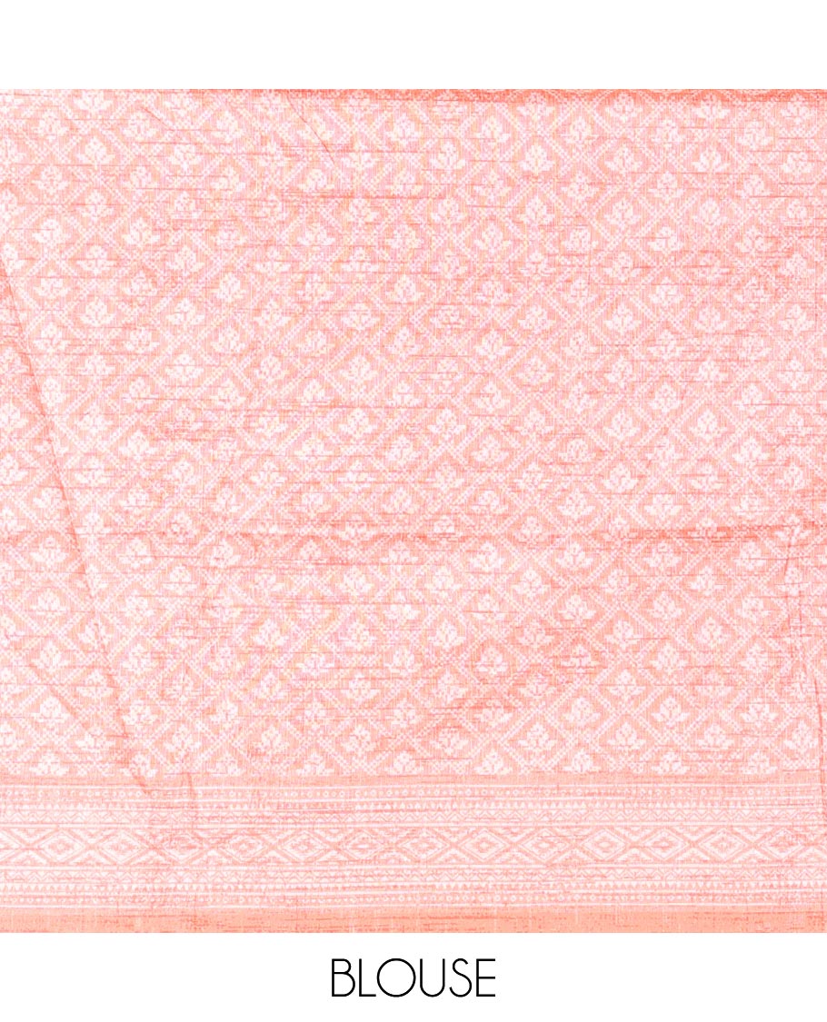 Grey and Rama Semi-Tussar Saree Enriched with Vertical Stripes Printed Across the Body, Featuring a Contrast Paisley Motif Printed Border, an Intricately Designed Pallu of Jaal Design, and Paired with a Contrast Blouse