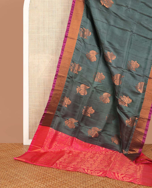 Dark grey floral motifs uppada saree with contrast zari border & floral design pallu
