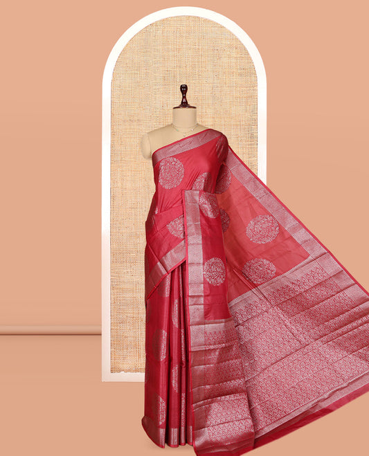 Red Tusser Silk Saree, Beautified with Zari Buttas, a Zari Border, Intricate Pallu, and a Matching Blouse