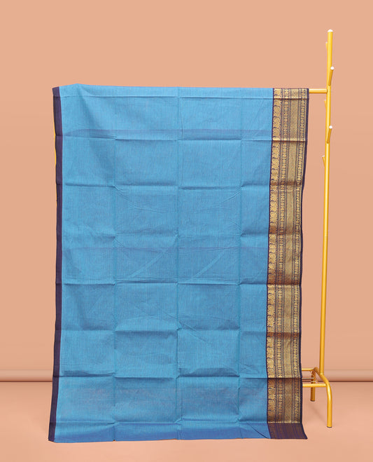 Blue Plain Chettinad Cotton Saree, Complemented by a Contrast Traditional Zari Design Border, Pallu of Stripes, and Paired with a Matching Blouse