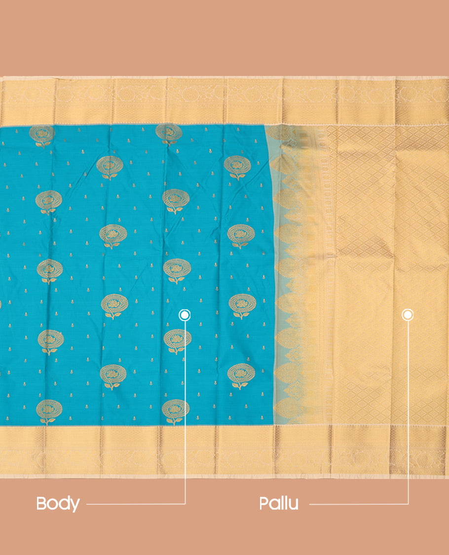 Blue Budget Silk Saree, Detailed with Zari Buttas, Complemented by Contrast Traditional  Zari Border, a Grand Pallu and a Contrast Blouse
