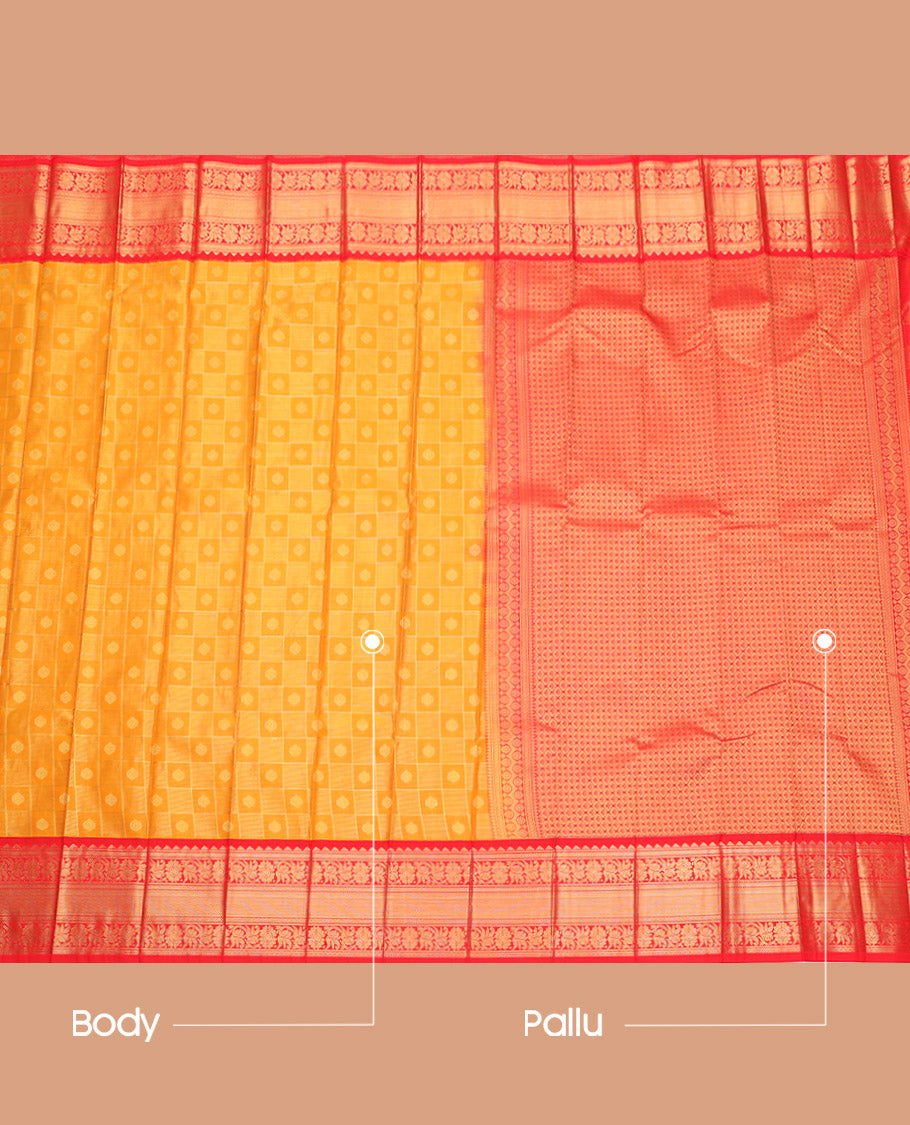Yellow Budget Silk Saree, Subtly Sparkled with Zari Butta Enclosed Checks, Complemented by a Contrast Traditional Zari Border, Grand Pallu, and a Contrast Blouse