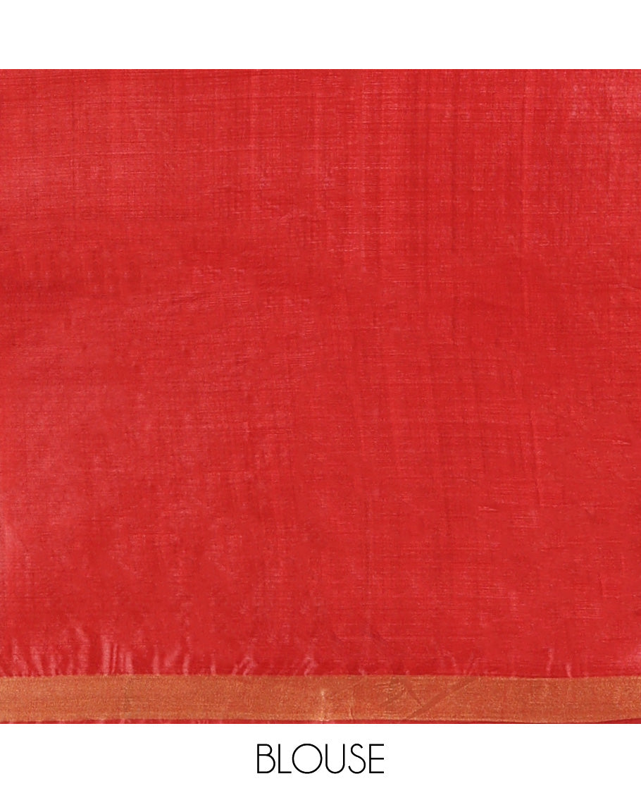 Red Tussar Saree, Beautified with Buttas, a Subtle Zari Border, Pallu of Intricate Designs, and a Matching Blouse