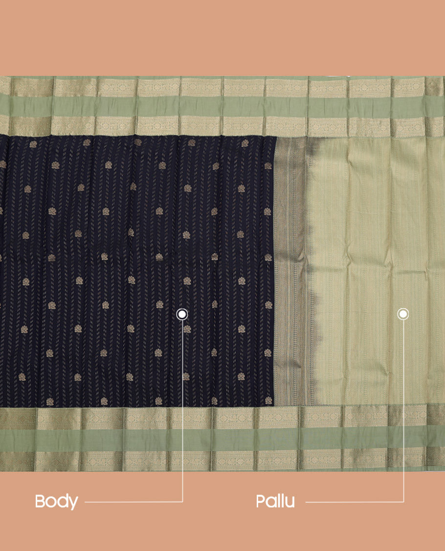 Blue Budget Silk Saree, Highlighted by Buttas, Complemented by a Contrast Traditional Rettai Pettu Border, Sparsely Woven Pallu, and a Contrast Blouse