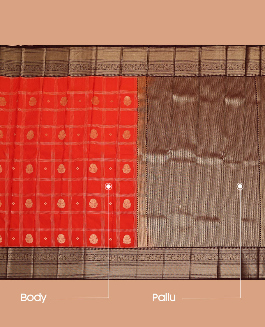 Orange Budget Silk Saree, Mesmerized with Zari Butta Enclosed Checks All Over Its Body, Complemented by a Contrast Traditional Zari Design Border, Pallu of Jaal Designs, and Paired with a Contrast Blouse