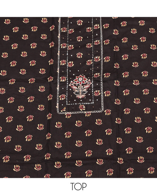 Black Cotton Material Churidar Set, Delicately Woven with Buttas and Mirror Work Top, Printed Bottom, and Printed Chiffon Dupatta