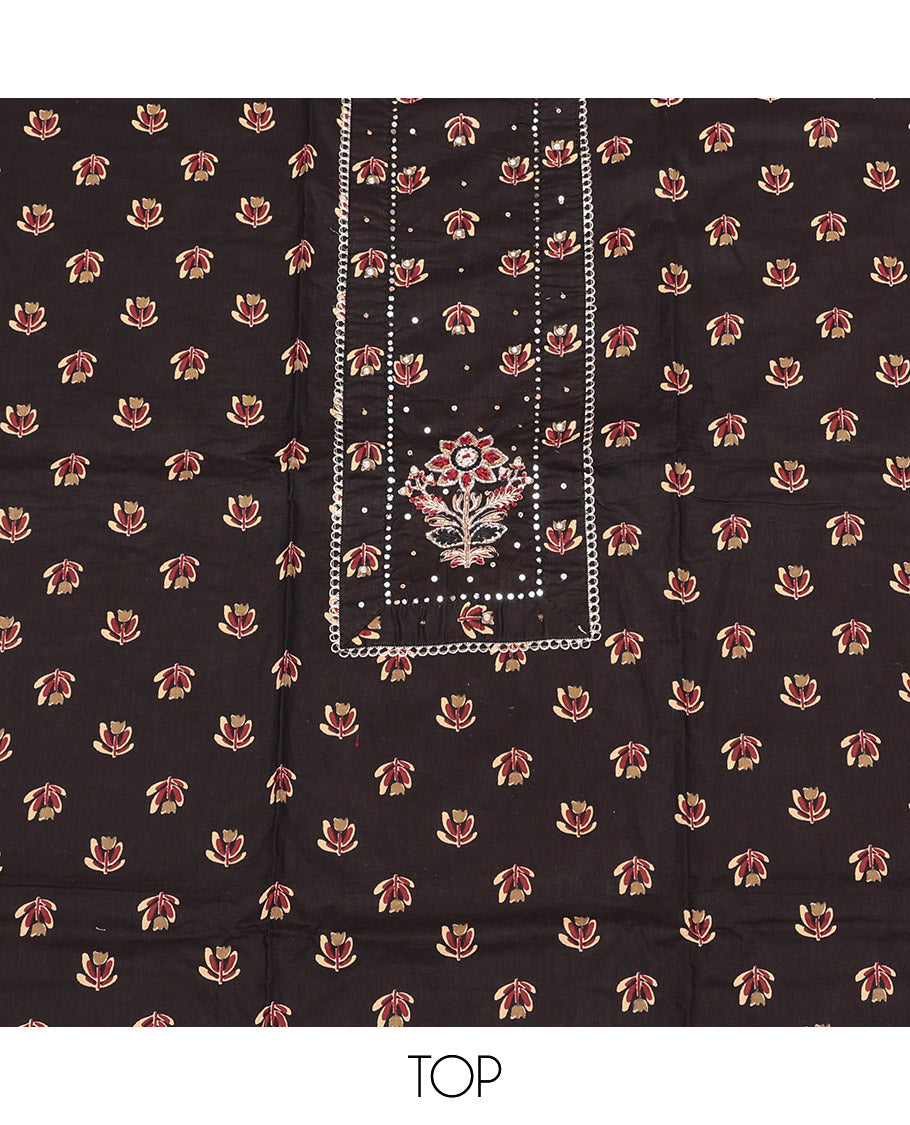 Black Cotton Material Churidar Set, Delicately Woven with Buttas and Mirror Work Top, Printed Bottom, and Printed Chiffon Dupatta