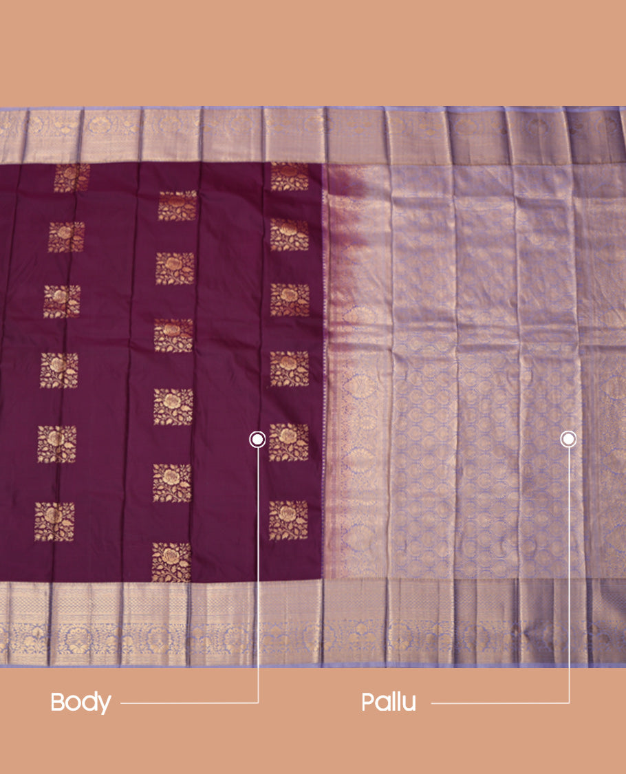 Brown Budget Silk Saree, Enriched with Square Buttas, Complemented by Contrast Traditional Zari Border, Grand Pallu and a Contrast Blouse