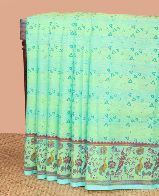 Green Chirala Cotton Saree, Prettified with Triangle and Crescent Motifs Printed  All Over Its Body, Vibrantly Printed Border of Floral and Peacock Designs, Subtly Block Printed Pallu, and Paired with a Contrast Blouse
