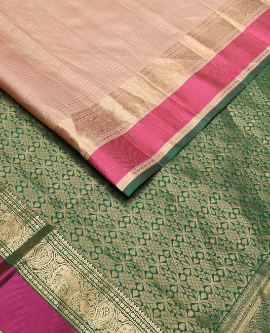 Sandal zari design silk saree, contrast intricate pallu & border of rekku, muthu, paisa, kodi mayil & yaanai designs
