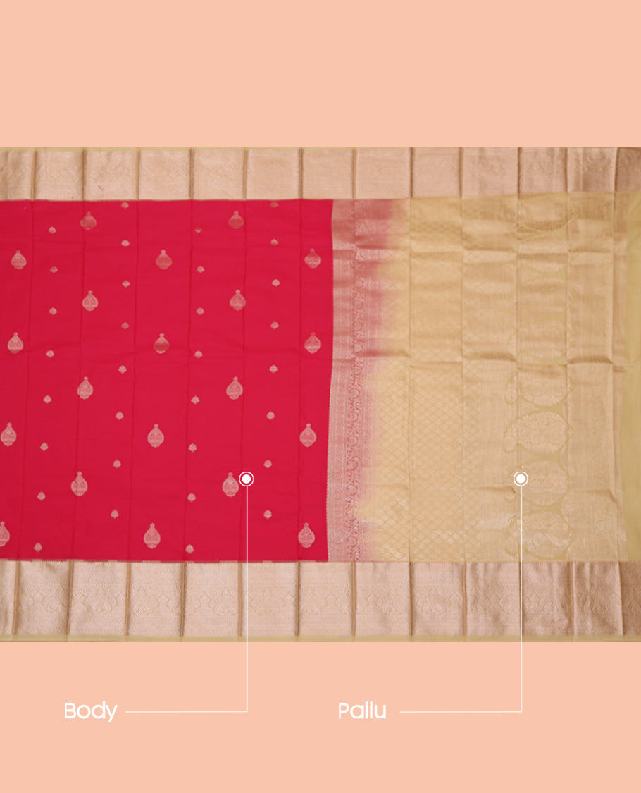 Red Budget Silk Saree, Mesmerized with Zari Buttas, Complemented by a Contrast Traditional Zari Border, Grand Pallu, and a Contrast Blouse