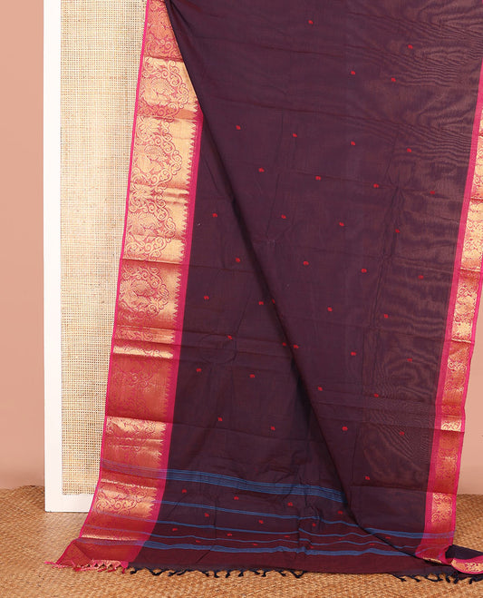 Burgundy Chettinad Cotton Saree Finely Designed with Buttas All Over Its Body, Highlighted  by a Contrast Traditional Zari Border of Peacock Designs, and a Pallu of Stripes and Buttas