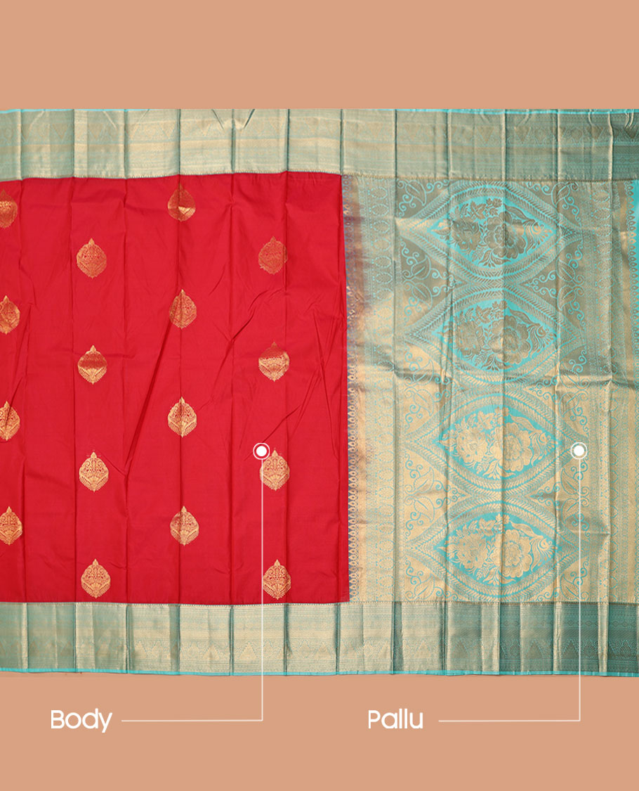Red Budget Silk Saree, Adorned with Zari Buttas, Complemented by Contrast Traditional Zari Border, a Grand Pallu and a Contrast Blouse