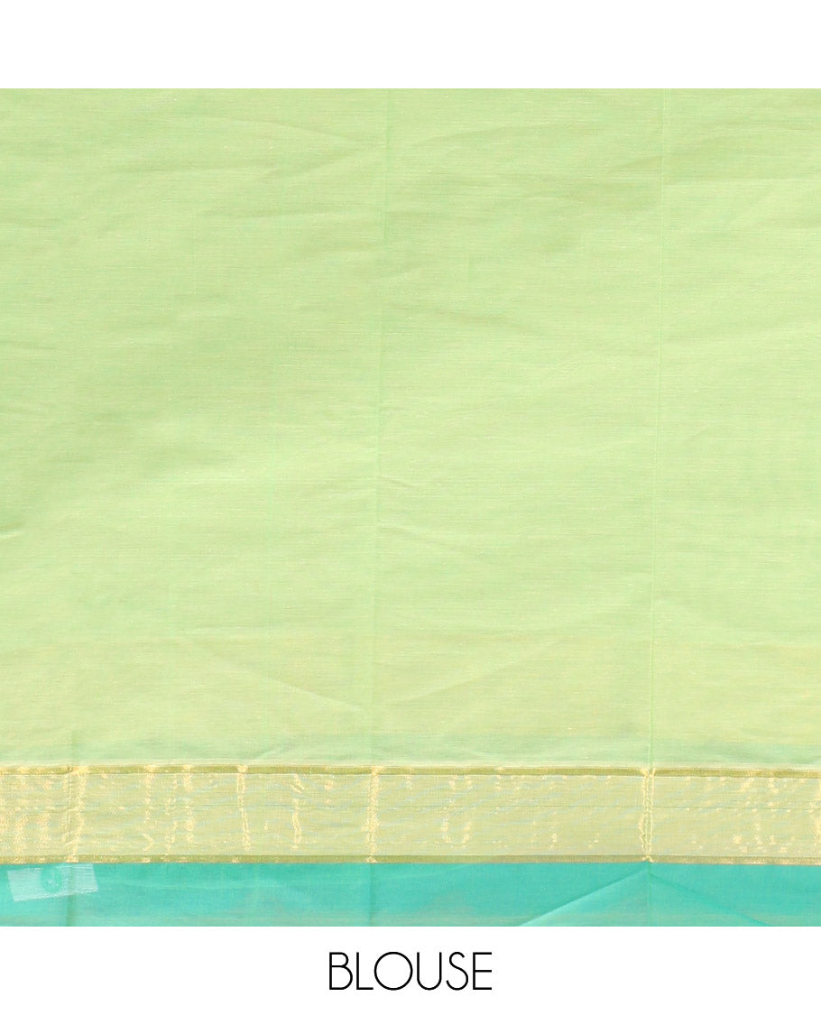 Green Kanchi Cotton Saree, Adorned with Buttas, Complemented by a Contrast Border, Intricate Pallu, and a Matching Blouse