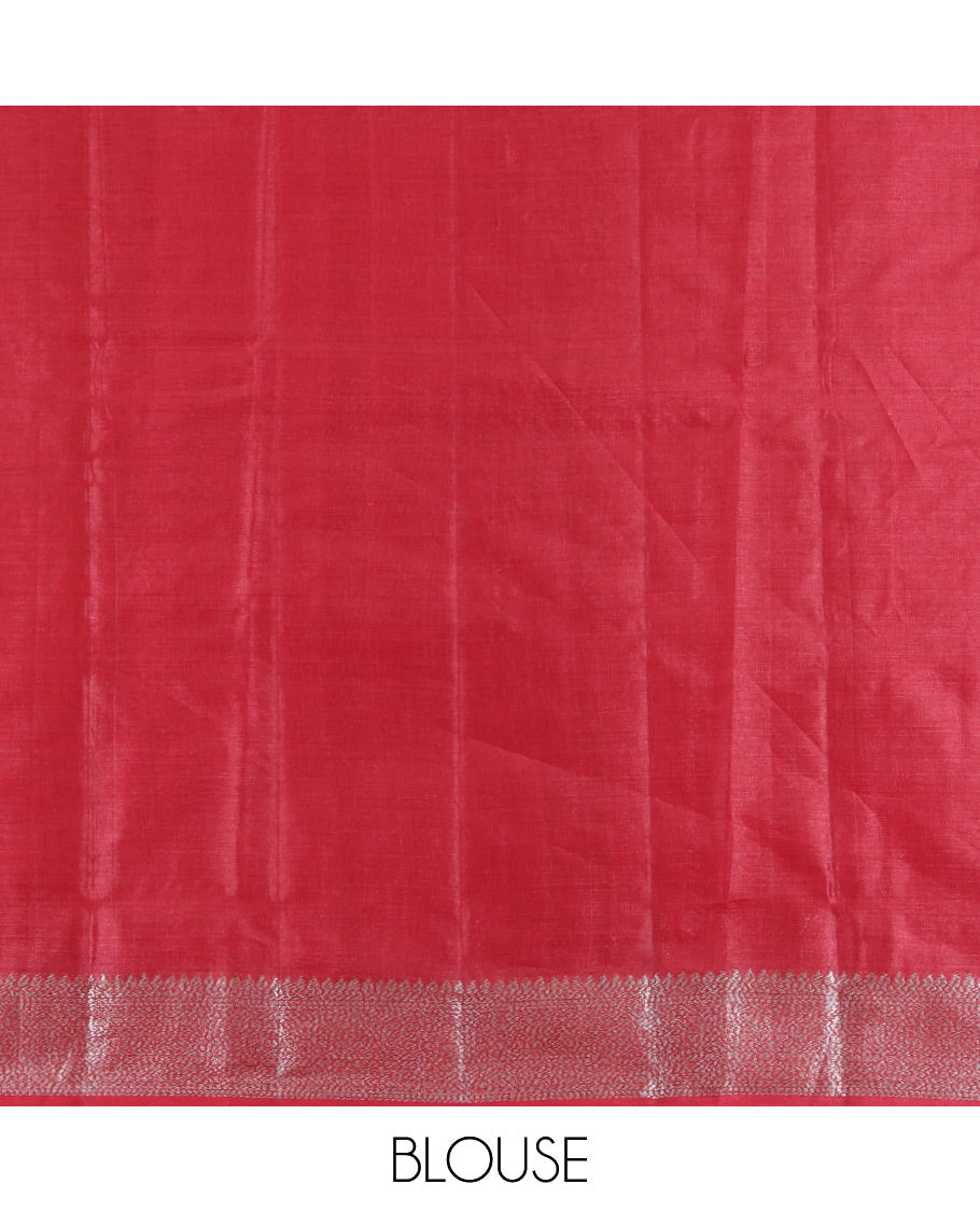 Red Tusser Silk Saree, Beautified with Zari Buttas, a Zari Border, Intricate Pallu, and a Matching Blouse