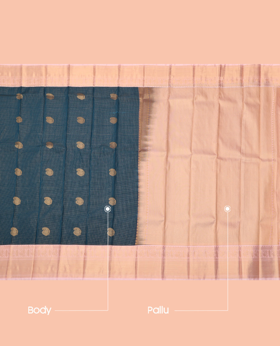 Blue Budget Silk Saree, Ornamented with Zari Buttas and Checks, Complemented by a Contrast Traditional Zari Border, Grand Pallu, and a Contrast Blouse