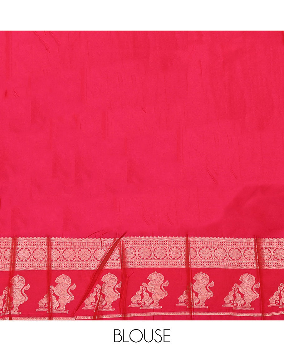 Orange Budget Silk Saree, Elevated with Zari Buttas, Complemented by a Contrast Traditional Zari Border of Singam Designs, Grand Pallu, and a Contrast Blouse