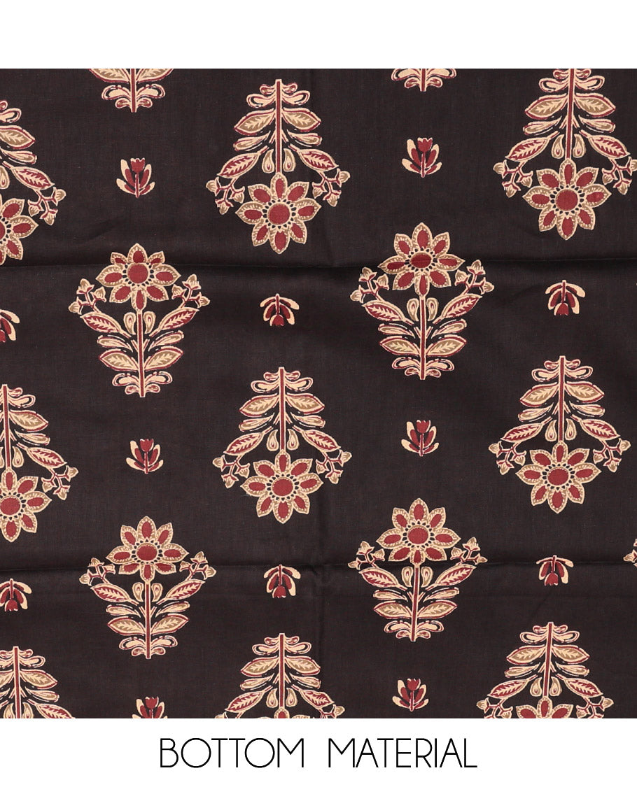 Black Cotton Material Churidar Set, Delicately Woven with Buttas and Mirror Work Top, Printed Bottom, and Printed Chiffon Dupatta