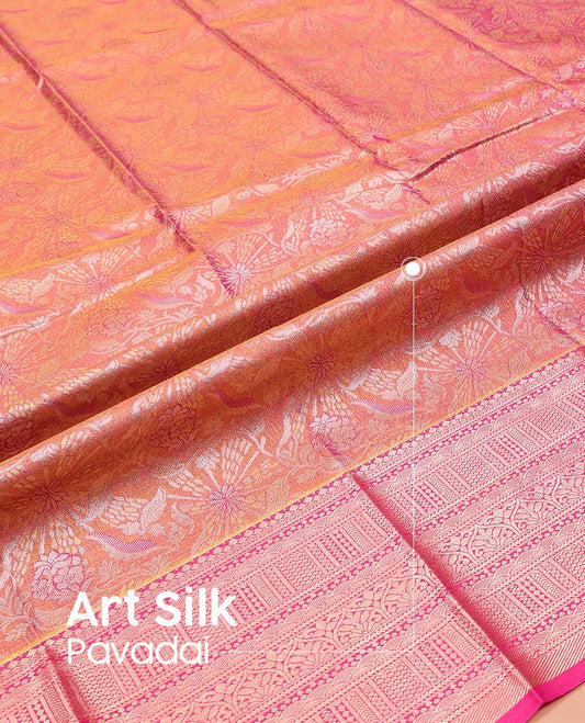 Peach Art Silk Pavadai Material Set, Richly Decked Up with Zari Jacquard Design on Its Skirt, Complemented by a Contrast Traditional Zari Design Border, and Paired with a Matching Blouse