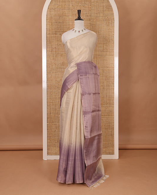 Borderless sandal-lavender plain ombre-colored tissue saree, plain pallu & circle motifs printed blouse