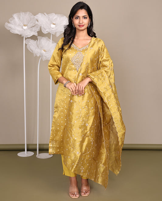 Gold Ready-Made Rayon Suit, Decked Up with Embroidered Leaf-Neckline, 3/4 Sleeves, and a Straight-Cut Top, Paired with Straight-Cut Pants and a Floral Vine Embroidered Scallop Dupatta