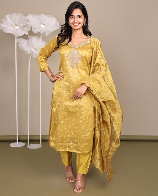 Gold Ready-Made Rayon Suit, Decked Up with Embroidered Leaf-Neckline, 3/4 Sleeves, and a Straight-Cut Top, Paired with Straight-Cut Pants and a Floral Vine Embroidered Scallop Dupatta