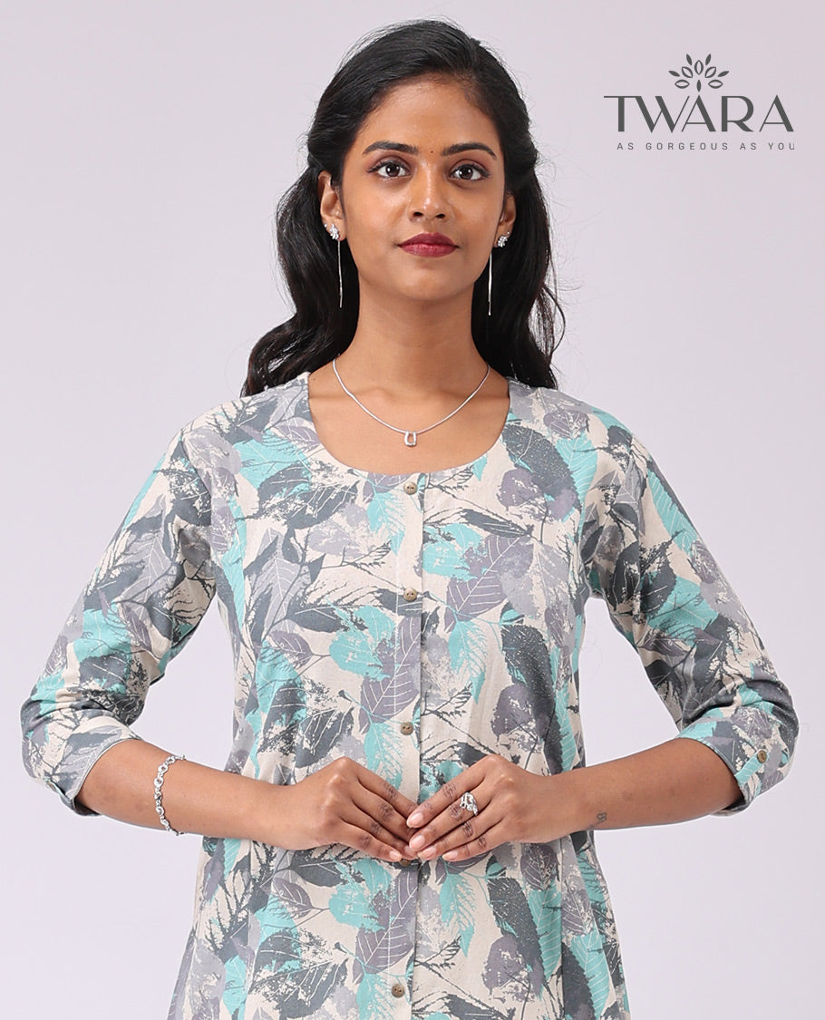 Twara cream leaf printed round neck, knee lenght, 3/4 th sleeve , a line kurti 