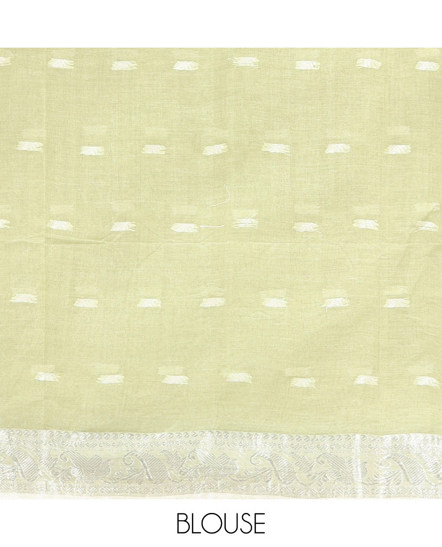 Pale Green Bengal Cotton Saree, Subtly Sparkled with Buttas All Over Its Body, Complemented by a Contrast Paisley Zari Design Border, Pallu of Stripes, and Paired with a Matching Blouse