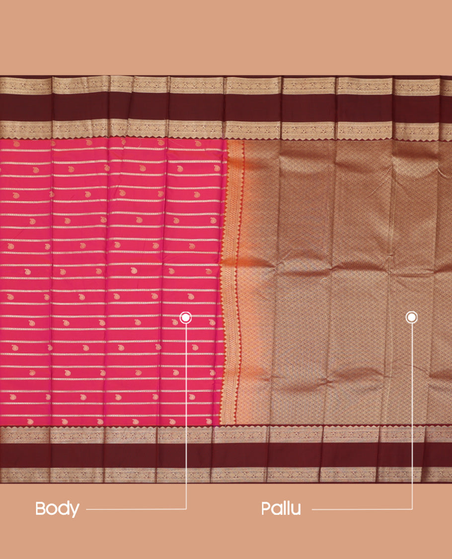 Pink Budget Silk Saree, Detailed with Zari Stripes and Paisley Buttas, a Contrast Traditional Zari Rettai Pettu Border, Grand Pallu, and a Contrast Blouse