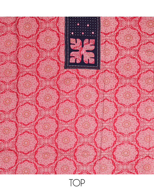Red Material Chudidar Set, Decked Up with Intricately Printed and Neck Work on Cotton Top, a Contrast Plain Cotton Bottom, and Paired with a Warli-Printed Cotton Dupatta