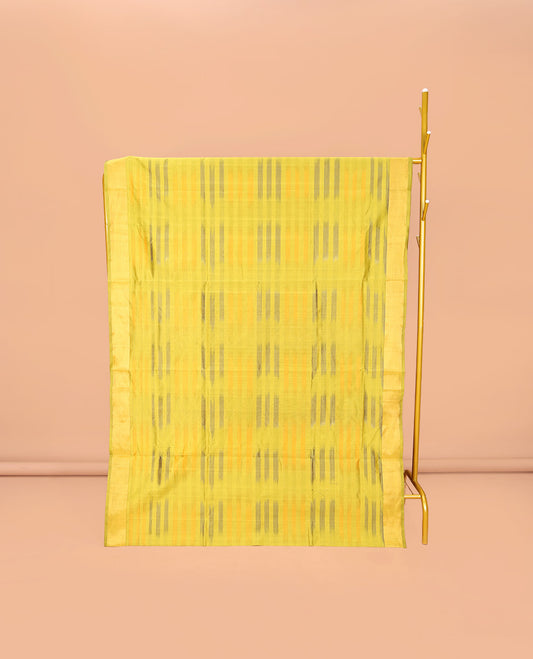 Yellow-Purple Poly Cotton Saree, Subtly Sparkled with Buttas all over its Body, a Subtle Border, Complemented by Contrast Pallu of Stripes, and Paired with a Contrast Blouse