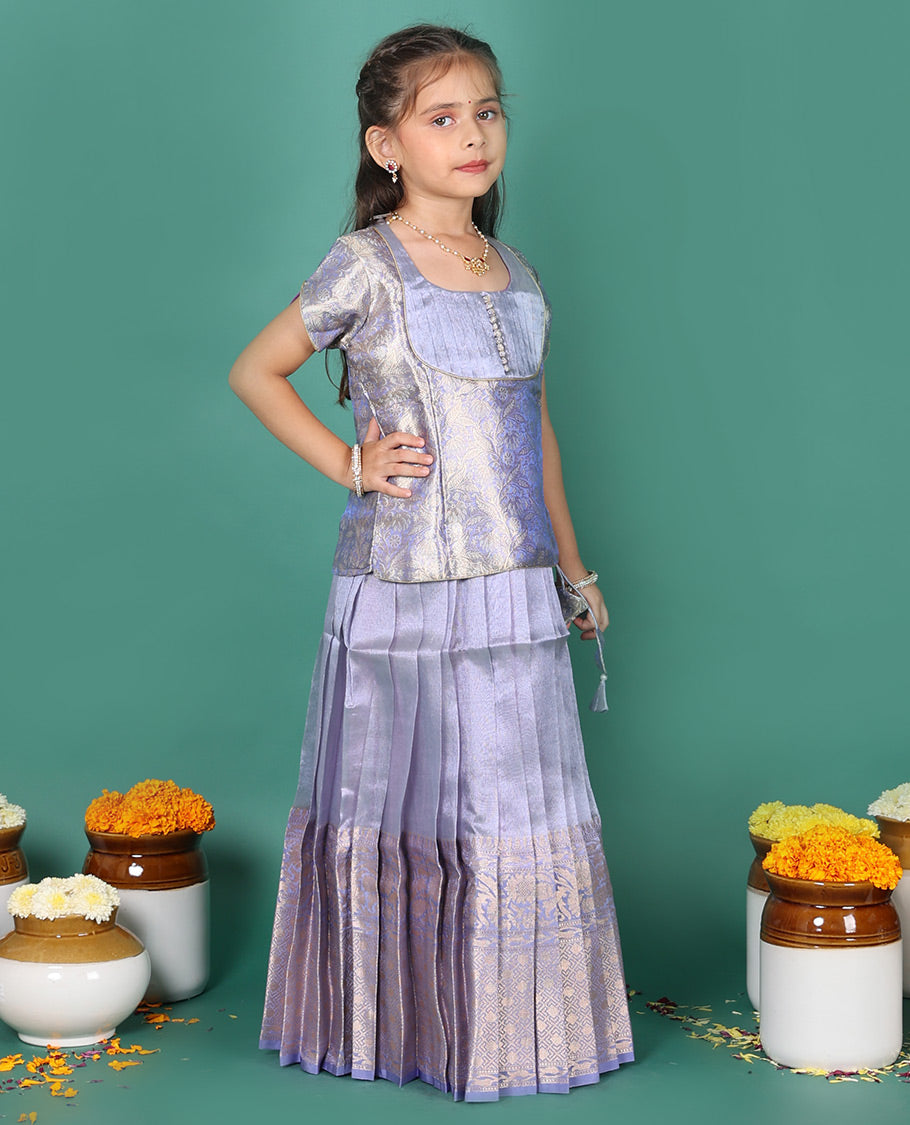 Violet readymade art silk pavadai, traditional zari border skirt, & jacquard short-sleeve round-neck blouse