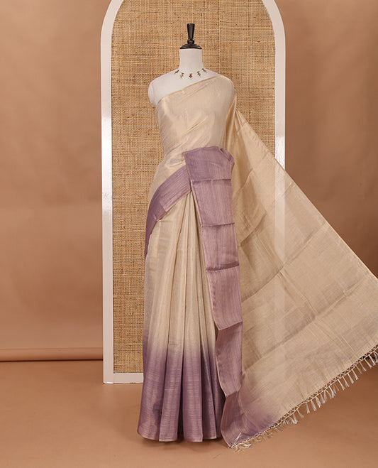 Borderless sandal-lavender plain ombre-colored tissue saree, plain pallu & circle motifs printed blouse