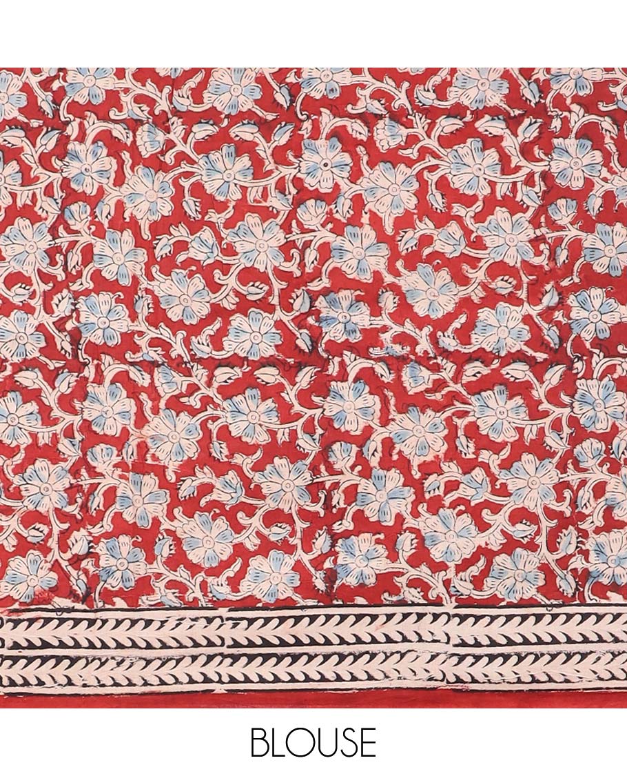 Cream floral design machine-printed kalamkari cotton saree with contrast geometric design border & geometric, floral design pallu