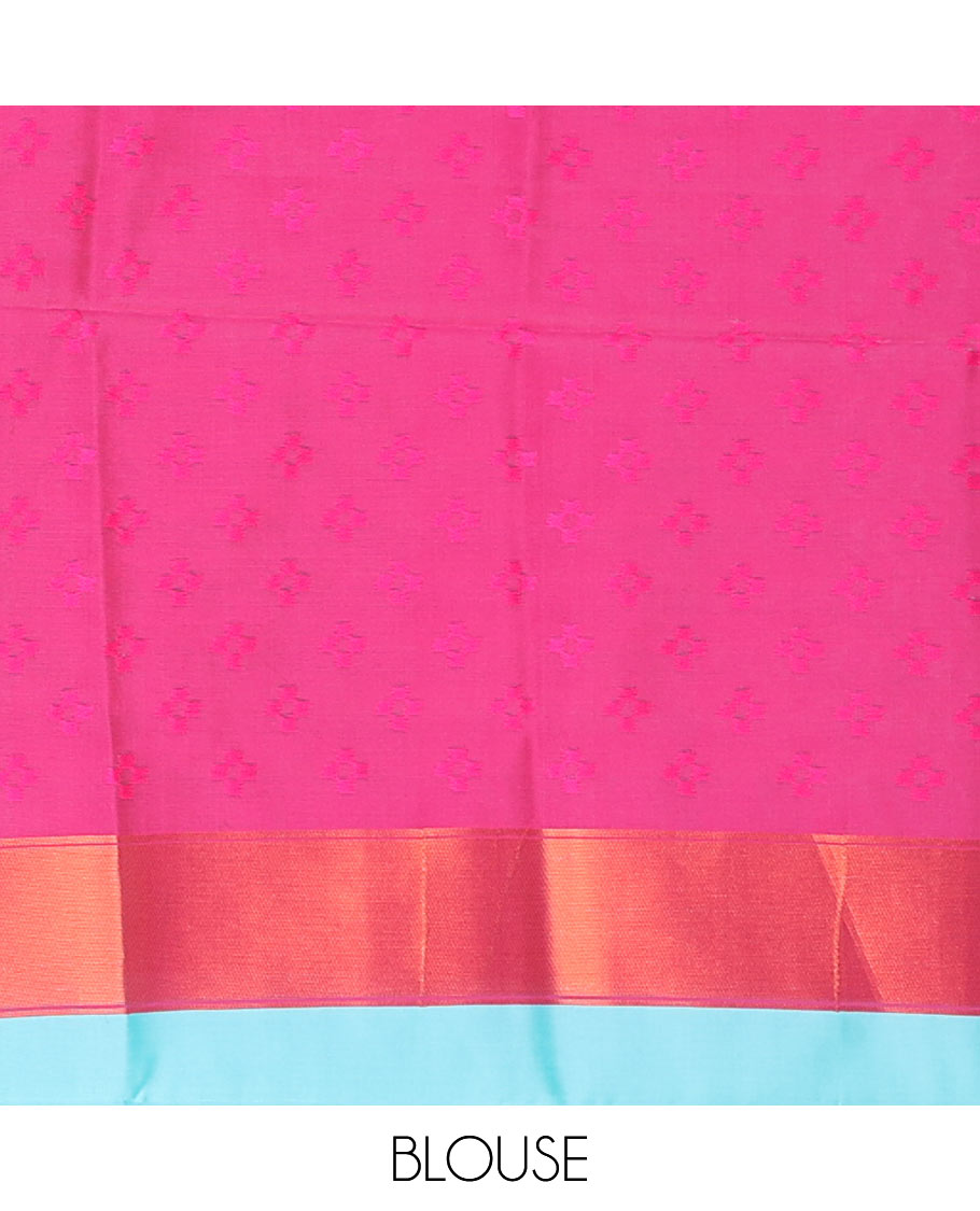 Blue floral motifs butter silk saree with contrast zig zag striped border & geometric motifs pallu