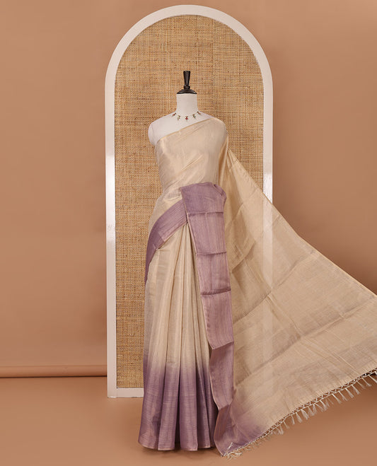 Borderless sandal-lavender plain ombre-colored tissue saree, plain pallu & circle motifs printed blouse