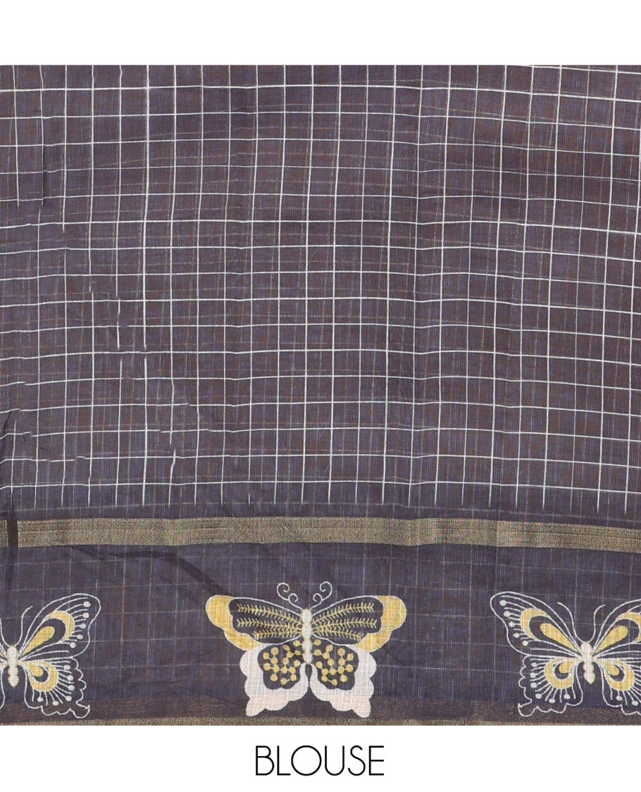 Yellow Linen Cotton Saree, Subtly Sparkled With Checked Design On Its Body, Complemented by Contrast Border Artfully Printed with Butterflies, Pallu Steeped with Butterflies, and Paired with a Contrast Blouse