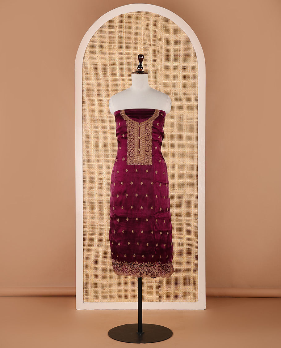Purple chudidar material set, floral design thread embroidered Burberry top, floral-themed embroidered Burberry dupatta & plain Santoon bottom