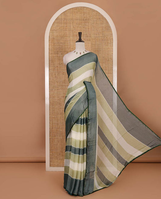 Pista green horizontal stripes printed lassi cotton saree, lace border & contrast buttas woven blouse