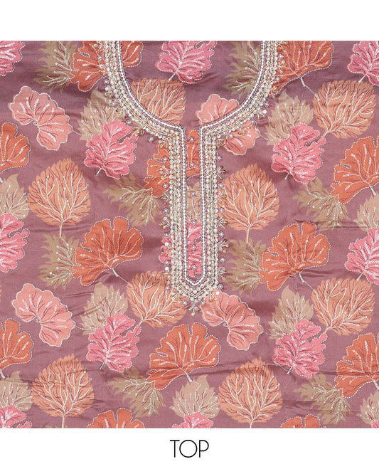 Purple chudidhar material set floral embroidered top, plain bottom & floral design with sequins embroidery dupatta
