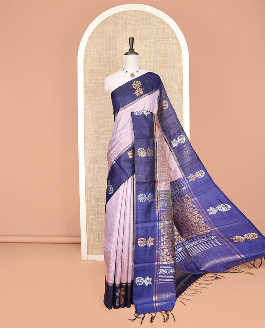 Lavender Dupion Silk Saree Subtly Sparkled with Checks, Complemented by a Contrast Border of Floral Designs, Pallu Beautified with Floral Jaal Designs, and Paired with a Contrast Blouse