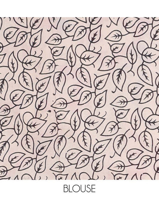 Cream floral vine design machine-printed kalamkari cotton saree with contrast geometric border & floral, animal design pallu