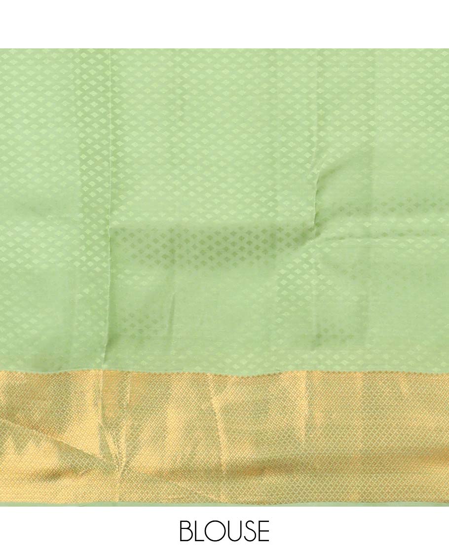Green floral jacquard kancheepuram silk saree with contrast checked zari border & pallu of argyle pattern