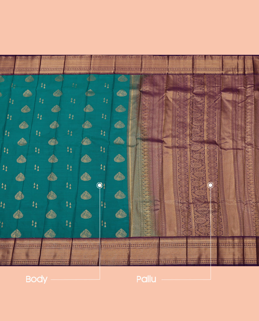 Blue Budget Silk Saree, Detailed with Zari Buttas All Over Its Body, Complemented by a Contrast Traditional Zari Design Border, Grand Pallu, and Paired with a Contrast Blouse