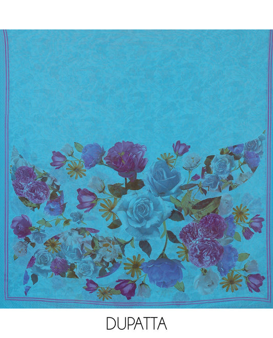 Rama green material chudidar set, realistic floral-printed Italian crepe top, a plain bottom, and a floral-printed georgette dupatta